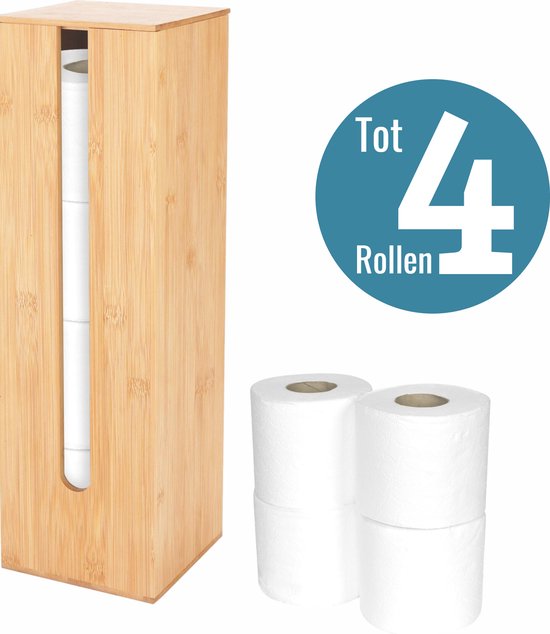 Toiletrolhouder Staand Hout Bruin - WC Rolhouder Zonder Boren - Toiletpapierhouder met Plankje Bamboo