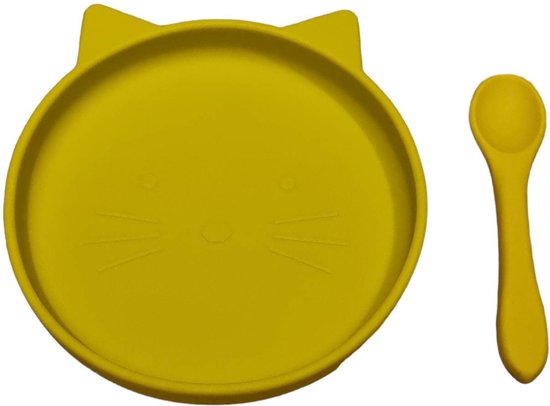 Geel kattenbord met gezichtsdetail en bijpassende lepel.