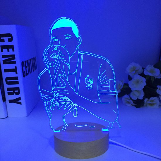 Voetbal Ster Kylian Mbappe Houten 3D Lamp 7 Kleuren Nachtkastje Slaapkamer Led Usb Nachtlampje Thuis Decoratie Cadeau Speelgoed
