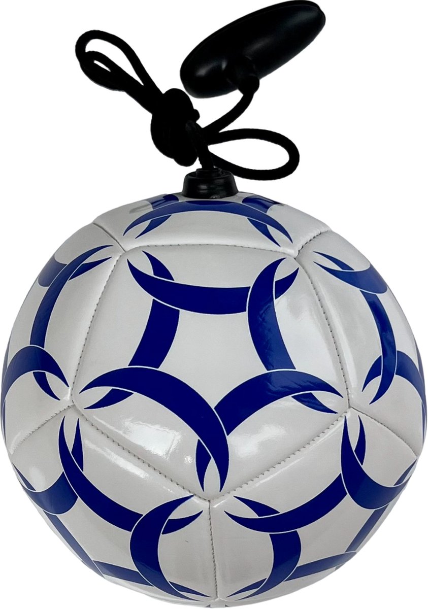 Techniekbal maat 2 - mini trainingsbal met koord en handgreep - mini bal voor thuis - Skill ball - Kleur blauw-wit