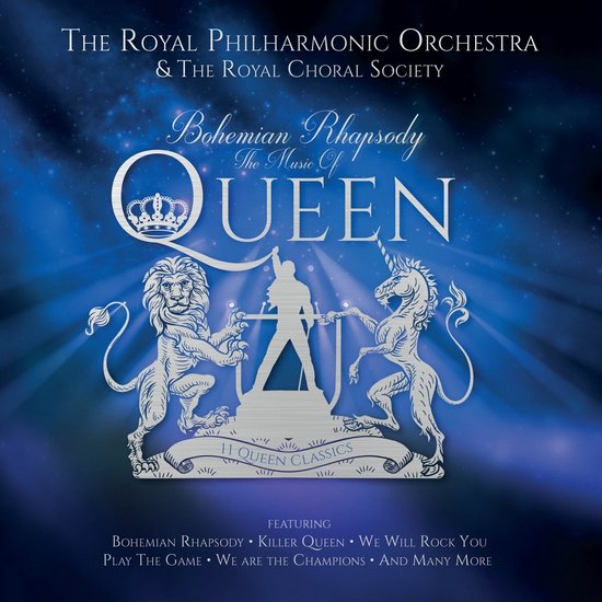 Albumhoes met leeuw en eenhoorn rond een podium met een gestileerde figuur. Tekst: Bohemian Rhapsody The Music Of Queen.