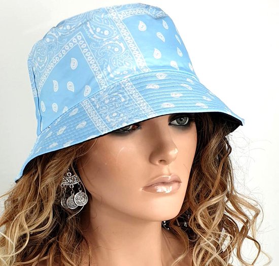 Bucket hat vissershoed met paisley print zomers festival hoedje kleur blauw maat one size