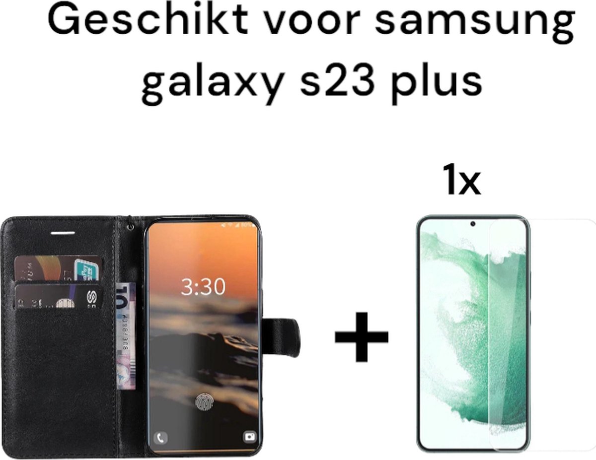 Samsung Galaxy S23 Plus boekje zwart kunstleer + 2x screen protector - bookcase black artificial leather + 2x tempered glass
