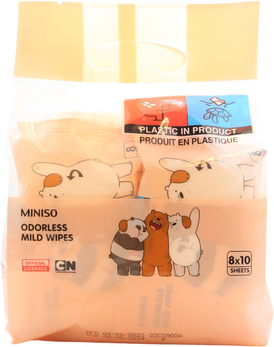 Miniso Geurloze gezichtsreinigingsdoekjes, bevat 10 pakjes met 8 doekjes