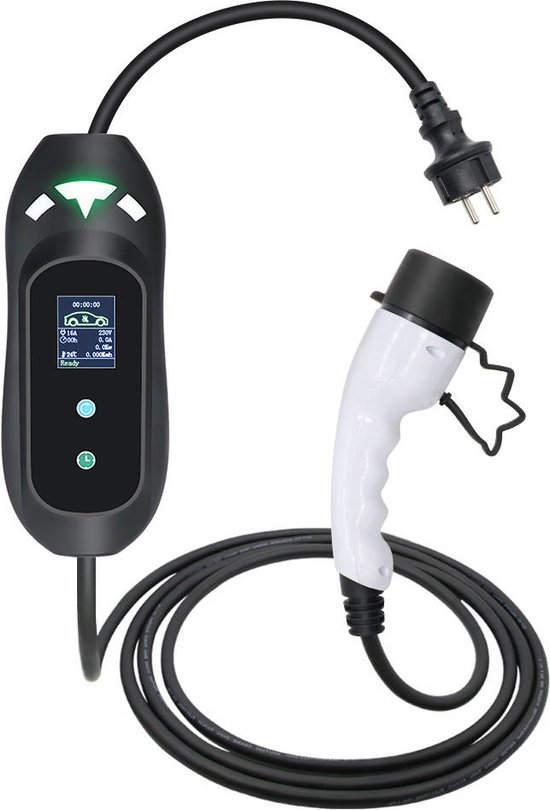 Proton® - Mobiele Thuislader Type 2 Mennekes - Stopcontact - wit - Instelbaar 8A/ 10A / 13A / 16A - memory functie - uitgesteld laden - 1 Fase lader - Mobiele oplader Elektrische Auto - laadkabel als laadpaal Camping, Thuis of laadpalen onderweg