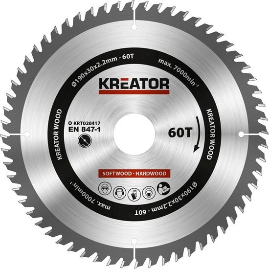 Kreator cirkelzaagblad 190x30x2,2mm, 60T, voor zacht- en hardhout. Met waarschuwingssymbolen.