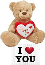 Bruine pluche knuffelbeer - 45 cm - incl. Valentijnskaart I Love You