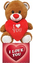 Donker bruine pluche knuffelbeer - 20 cm - incl. Valentijnskaart I Love You