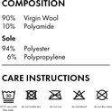 Samenstelling: 90% scheerwol, 10% polyamide. Zool: 94% polyester, 6% polypropyleen. Wasinstructies.