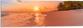 Dibond - Kalme Golven aanstromend op Strand bij Zonsondergang - 120x40 cm Foto op Aluminium (Wanddecoratie van metaal)