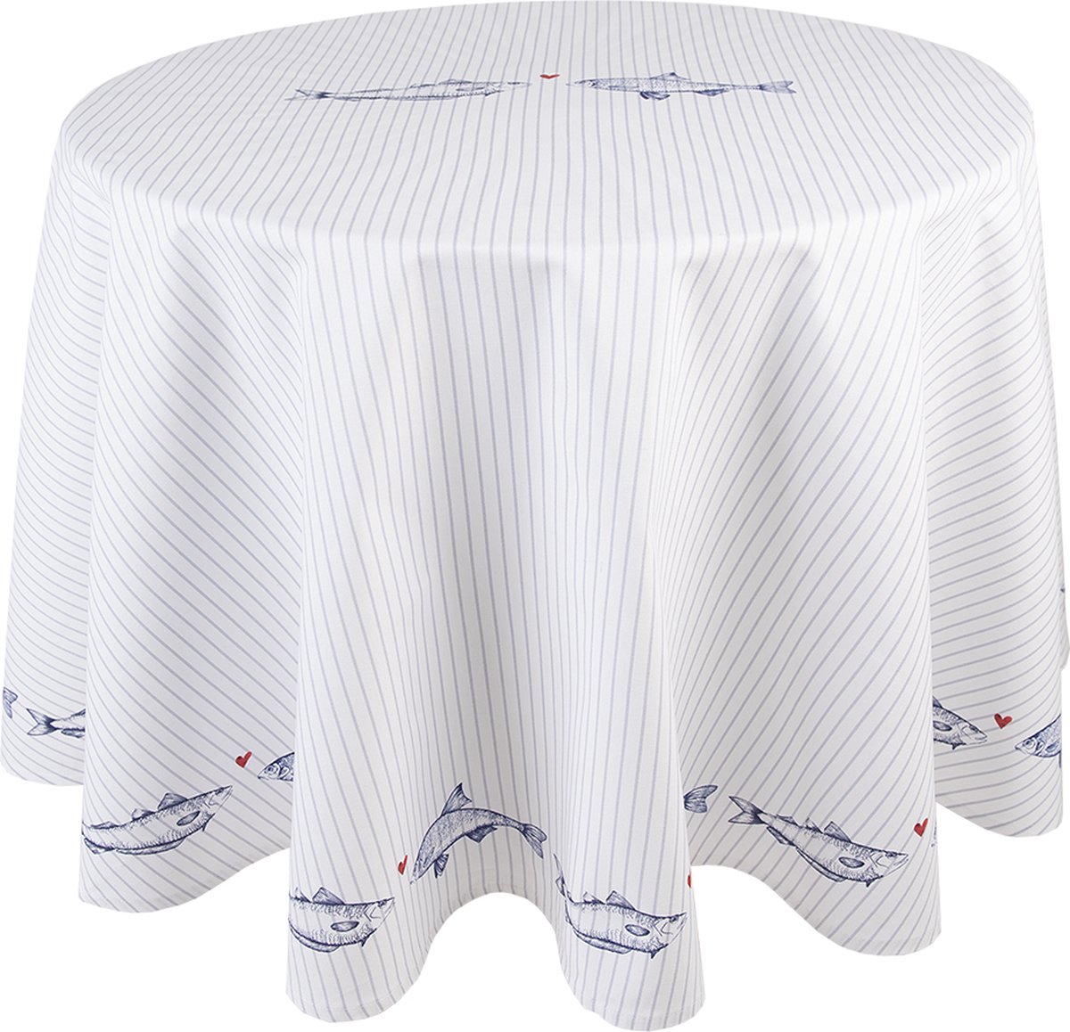 Clayre & Eef Rond Tafelkleed Ø 170 cm Wit Blauw Katoen Rond Vissen Tafellaken Tafellaken Tafeltextiel