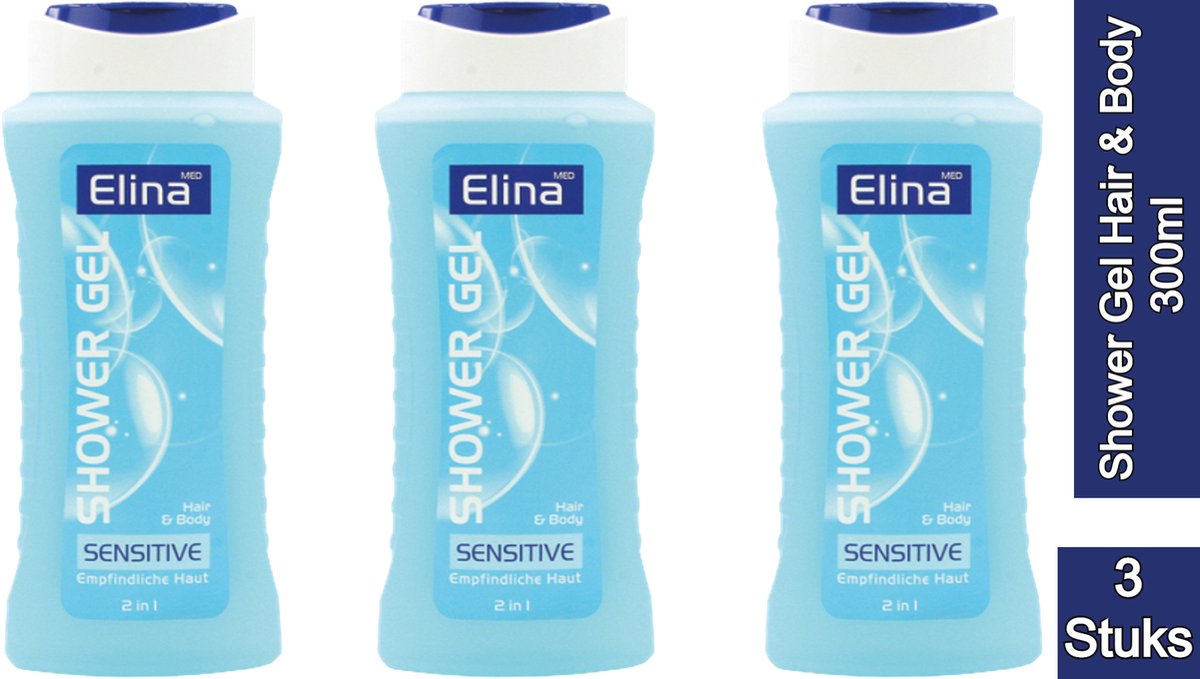3X Shower Gel Elina Hair & Body 300ml Unisex Sport voor huid en haar | 3 Stuks