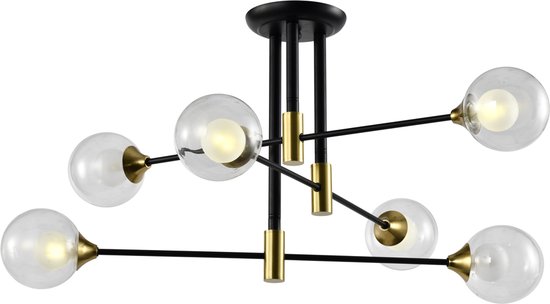 Design plafondlamp zwart met goud, 6-lichts - Aura