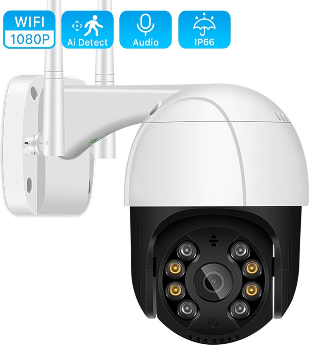 TechU™ Beveiligingscamera voor Buiten – Wifi met Gratis App – met Nachtzicht & Audio – Bewakingscamera met 64GB Geheugen – Wit