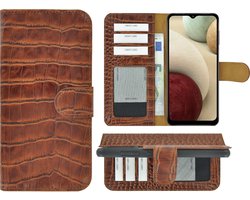 Geschikt voor Samsung Galaxy A14 5G Hoesje - Bookcase - Geschikt voor Samsung A14 Hoesje Book Case Wallet Echt Leer Croco Kaneelbruin Cover