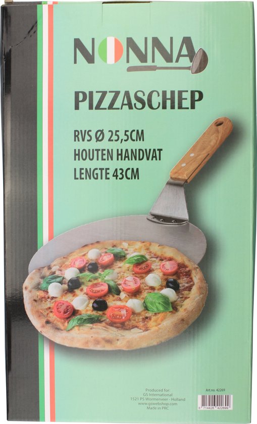 Nonna pizzaschep RVS Ø25,5 - Pizzaspatel rond - BBQ of oven - Houten handvat - Lengte: 43 cm