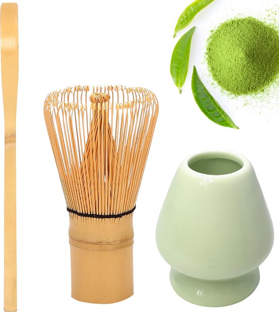 Winkrs - Matcha Thee set met bamboe garde & theelepel met een groene houder van keramiek - Matcha Klopper/Whisk