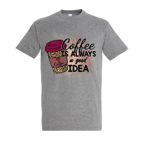 T-shirt Coffee is always a good idea - Grey Melange T-shirt - Maat XL - T-shirt met print - T-shirt heren - T-shirt dames