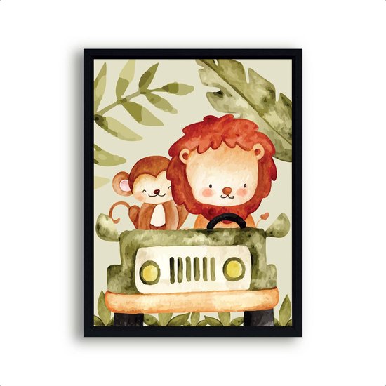 Postercity - Poster Jungle Aapje en Leeuw in de Jeep midden - Jungle/Safari Dieren Poster - Kinderkamer / Babykamer - 70x50cm