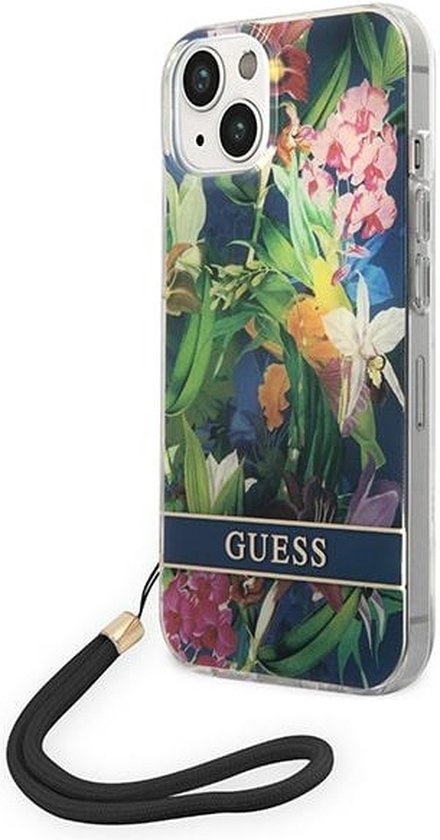 Guess iPhone 14 Plus 6.7" Étui rigide bleu Flower Strap