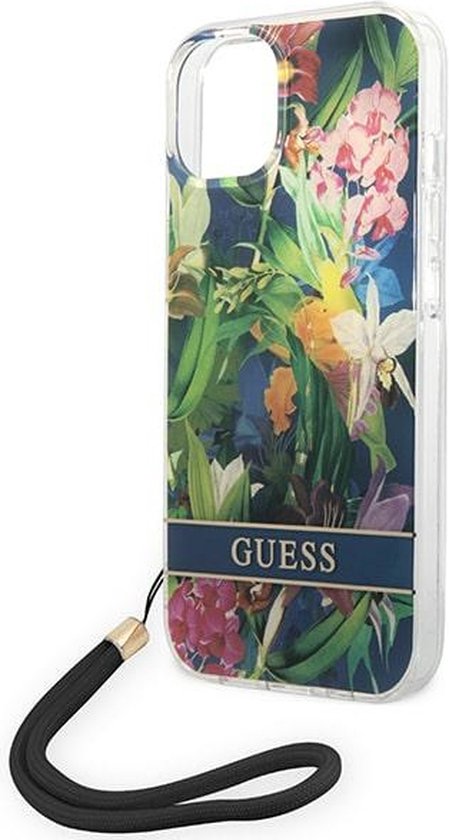 Guess iPhone 14 Plus 6.7" Étui rigide bleu Flower Strap