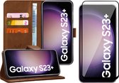 Hoesje geschikt voor Samsung Galaxy S23 Plus - Screen Protector FullGuard - Book Case Leer Pasjeshouder Bruin & Screenprotector
