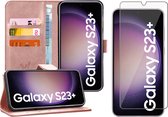 Hoesje geschikt voor Samsung Galaxy S23 Plus - Screen Protector GlassGuard - Book Case Leer Pasjeshouder Roségoud & Screenprotector