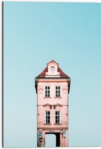 Dibond - Hoog Smal Roze Gebouw onder Blauwe Lucht met Verkeersborden - 50x75 cm Foto op Aluminium (Wanddecoratie van metaal)