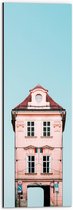 Dibond - Hoog Smal Roze Gebouw onder Blauwe Lucht met Verkeersborden - 20x60 cm Foto op Aluminium (Wanddecoratie van metaal)