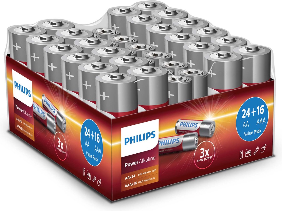 Philips Power Alkaline Batterijen - voordeelpak 40 stuks - 24x AA - 16x AAA