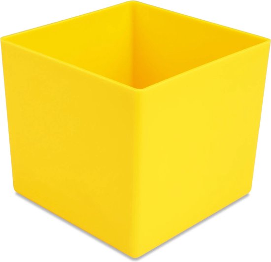 Sorteerbakje, materiaalbakje, inzetbakje, onderdelenbakje. 9,9 x 9,9 x 9,0 cm (LxBxH). Kleur is geel. Verpakt per 10 stuks