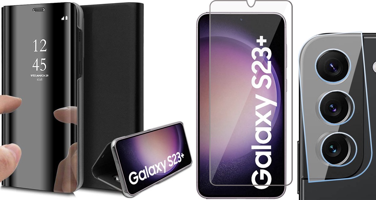 Hoesje geschikt voor Samsung Galaxy S23 Plus - Screenprotector GlassGuard & Camera Lens Screen Protector - Book Case Spiegel Zwart