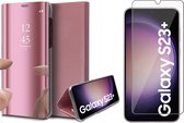 Hoesje geschikt voor Samsung Galaxy S23 Plus - Screen Protector GlassGuard - Book Case Spiegel Roségoud & Screenprotector