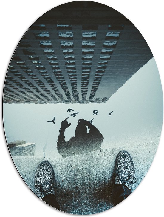 Dibond Ovaal - Persoon met Sneakers in Regenplas vergezeld door Vogels - 60x80 cm Foto op Ovaal (Met Ophangsysteem)