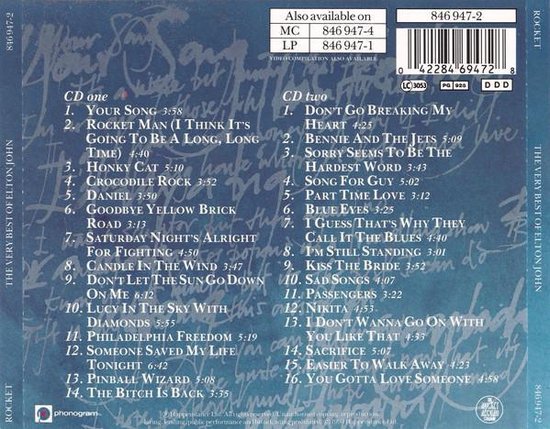 Achterkant CD-hoes met lijst van nummers voor CD one en CD two, plus barcodes en informatie over Elton John.
