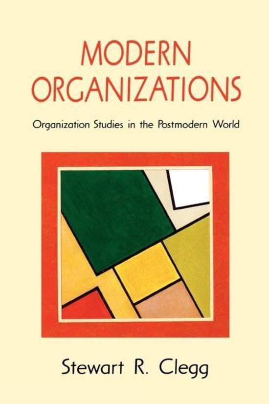 Boek "Modern Organizations" met abstracte gekleurde vlakken op de kaft. Titel in rode hoofdletters.