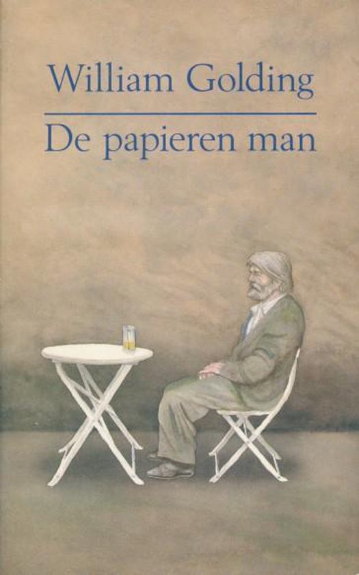 Boekomslag van 'De papieren man' van William Golding. Een man zit aan een tafel met een glas.