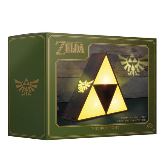 Doos van The Legend of Zelda Triforce-lamp, met productafbeelding en tekst 'TRIFORCE LIGHT'.