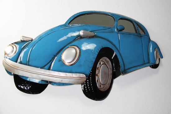 Metalen wanddecoratie met spiegelglas old timer auto Volkswagen kever blauw - 80 x 53 cm
