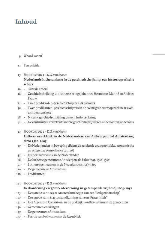 Inhoudsopgave met hoofdstukken over de geschiedenis van de Nederlandse lutheranen.