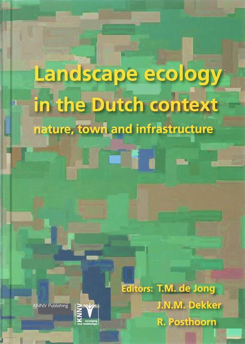 Boekomslag "Landscape ecology in the Dutch context". Vormgegeven met een groene en bruine abstracte camouflageprint.