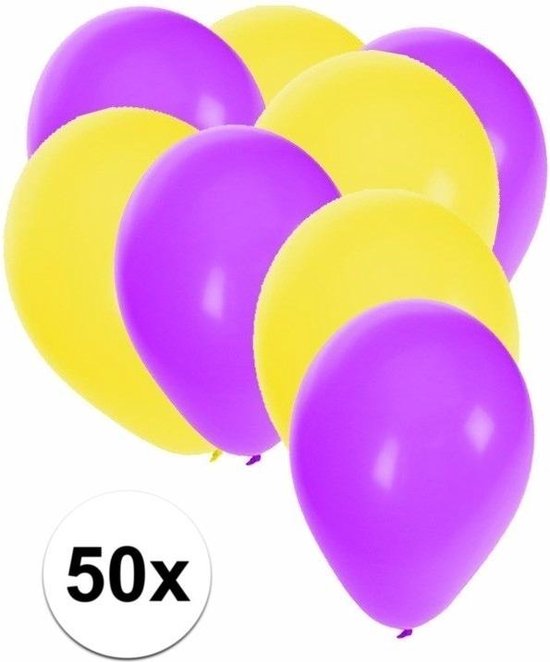Groep paarse en gele ballonnen, met '50x' label, op witte achtergrond.