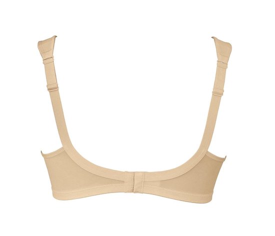 Beige beugel-loze beha, achterkant met verstelbare bandjes en haakjessluiting.