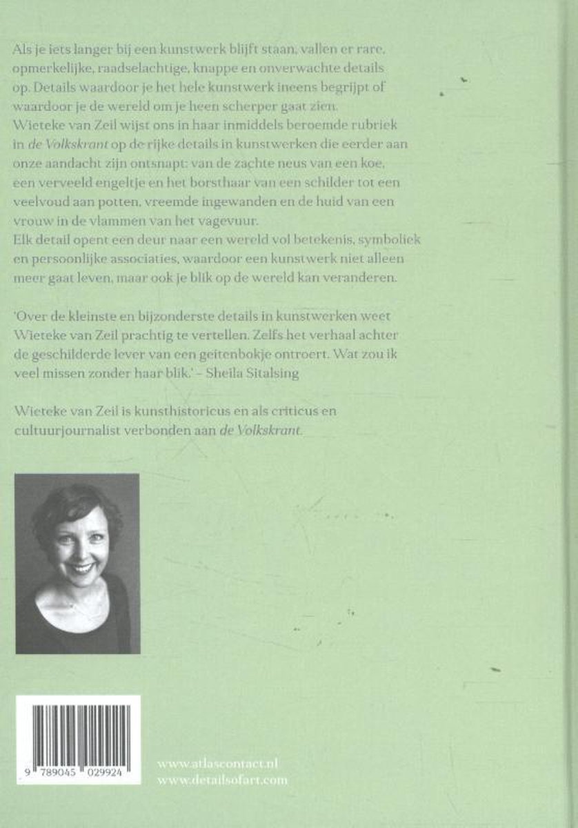 Achterkant boek 'Dichterbij' met een portretfoto van Wieteke van Zeil en tekst over het boek.