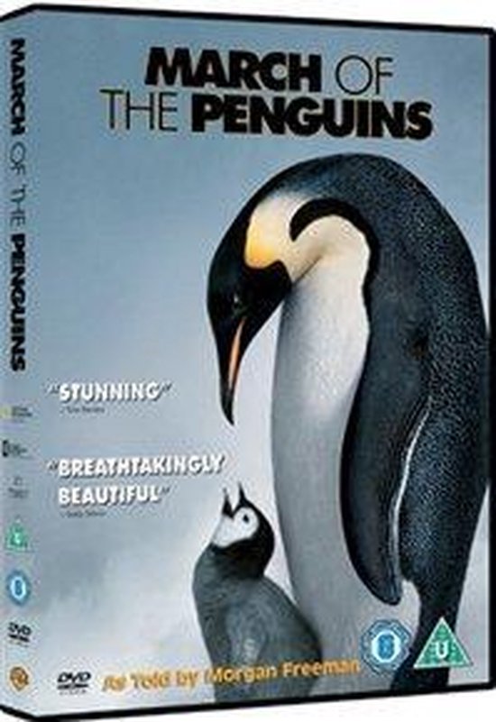 De hoes van de DVD 'March of the Penguins' toont een keizerspinguïn met een kuiken, met de tekst 'Stunning' en 'Breathtakingly Beautiful'.