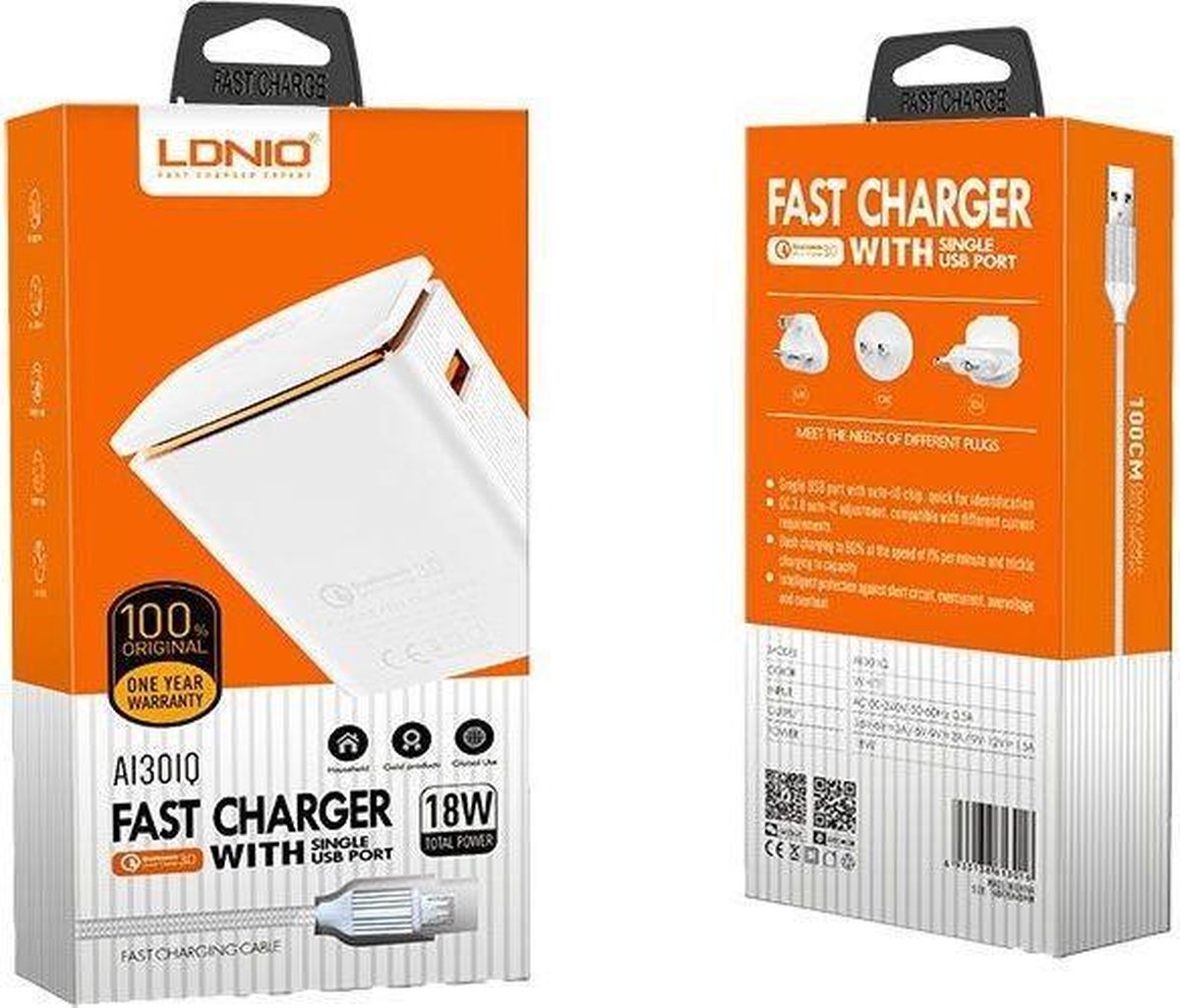 LDNIO A1301Q Snellader/ oplader met OplaadKabel met 1 Meter Micro USB Kabel geschikt voor o.a Samsung Galaxy S2 S3 S4 S5 S6 S7 Mini Edge