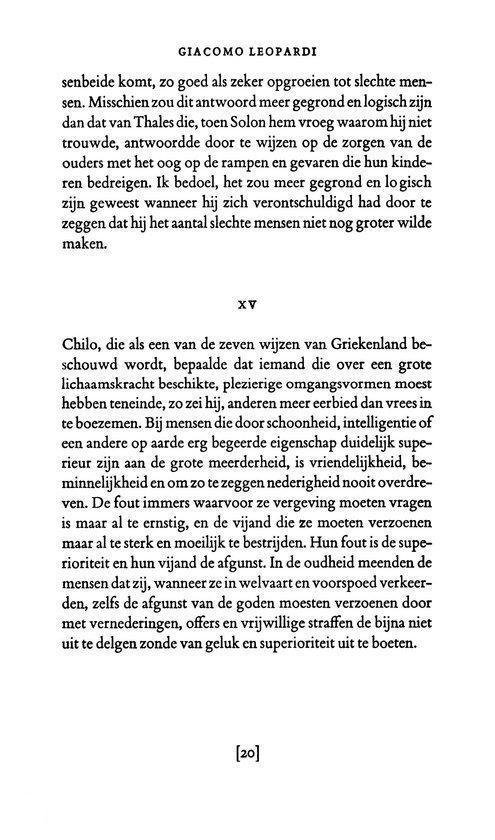 Boekpagina met tekst van Giacomo Leopardi, getiteld 'Gedachten', met Romeinse cijfers en paginanummers.