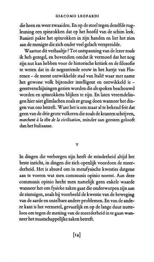 Pagina met tekst uit het boek 'Privé-domein 39 - Gedachten'. Inclusief de titels Giacomo Leopardi en een Romeins cijfer V.