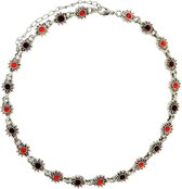Zilverkleurige bloemetjes ketting met rode steentjes