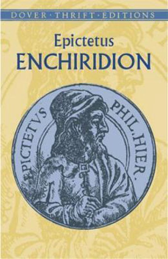 Boekomslag van Dover Thrift Editions met 'Epictetus ENCHIRIDION' en een cirkelvormige illustratie van een man met baard en hoed.